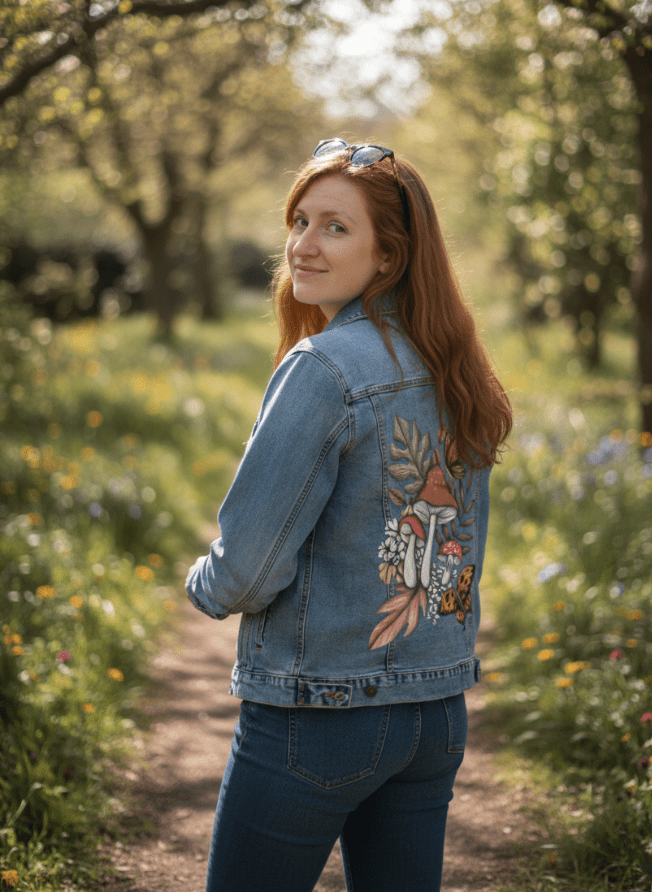 three-quarter rear view of a model standing on a springtime field path under dappled sunlight, wearing a stonewashed denim jacket featuring a woodland cluster of mushrooms, oak leaves, and delicate florals, with a golden butterfly in flight. the jacket’s soft blue wash blends naturally with the forest floor palette of rusty reds, pale ivory, and moss tones. the artwork “Mushroom Magic 2” by Cecilia Battaini is digitally printed on the jacket’s back panel by DenimINK.