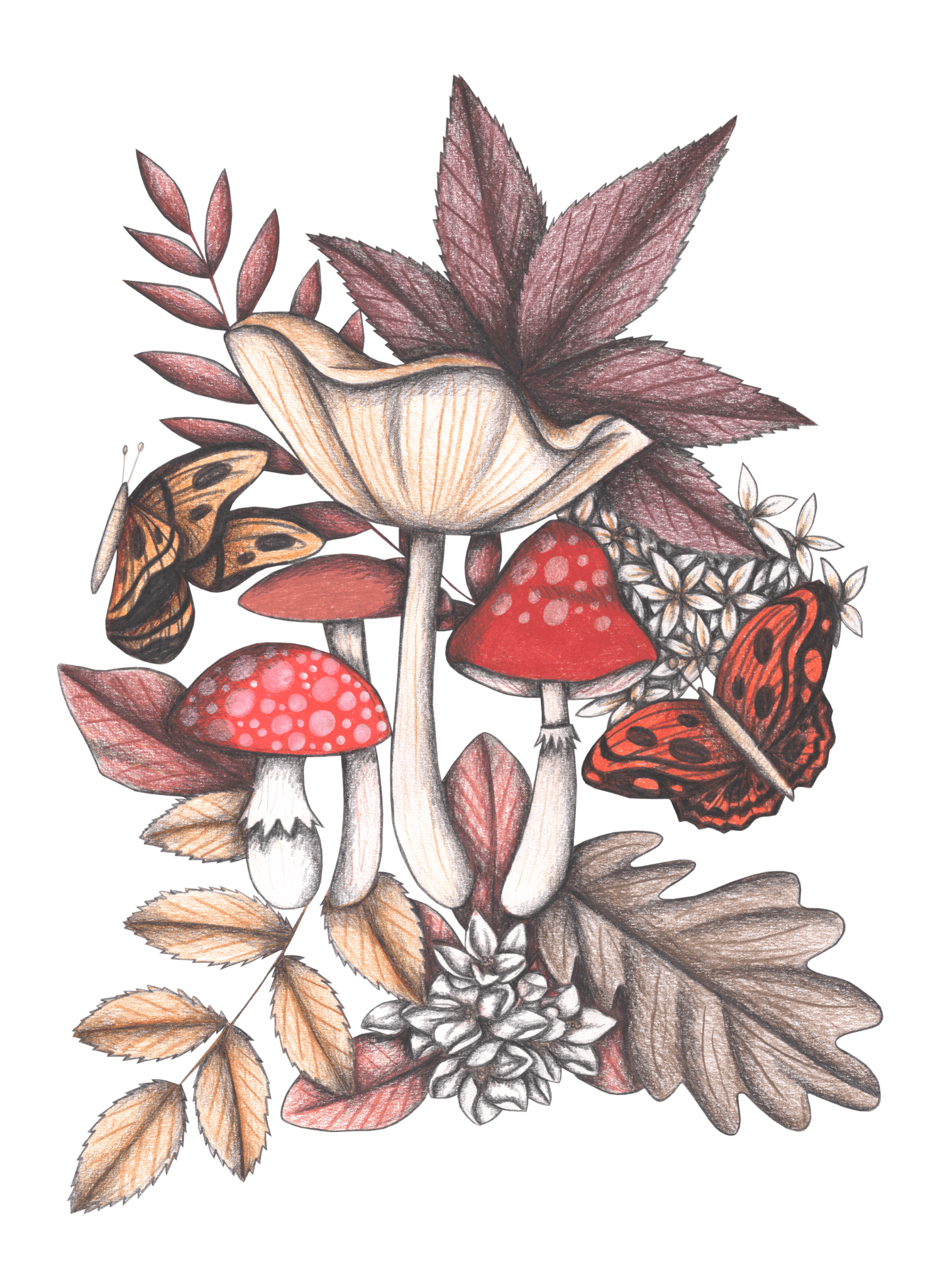 illustration of a hand-drawn woodland arrangement featuring a tall cream-colored mushroom rising above three red-capped toadstools with white speckles. surrounding them are pale ochre &amp; soft rose leaves, white wildflowers, &amp; two fluttering butterflies—one golden brown, one deep rust. the piece is shaded in pencil with warm, earthy tones evoking early autumn. this artwork is titled “Mushroom Magic 3” and created by Cecilia Battaini, printed on denim products by DenimINK.