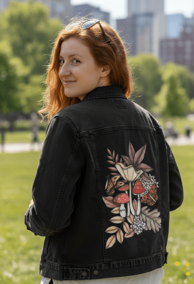 back view of a model standing on a green lawn in a city park, wearing a black denim jacket featuring a printed cluster of pale ochre leaves, red-capped mushrooms, &amp; white forest flowers, accented by two butterflies in shades of amber &amp; rust. the artwork “Mushroom Magic 3” by Cecilia Battaini is digitally printed on the jacket’s back panel by DenimINK.