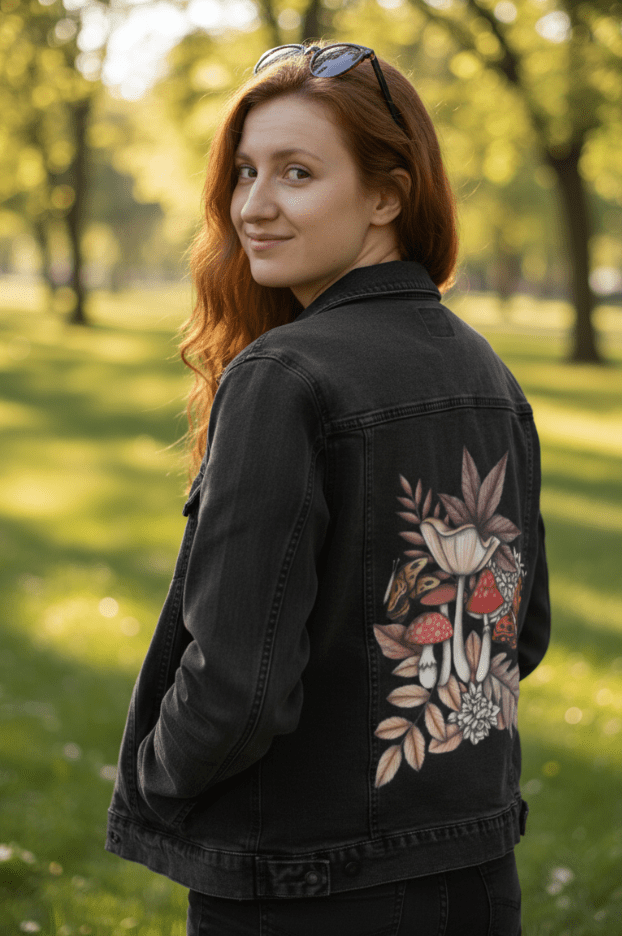 three-quarter rear view of a model standing beneath dappled tree shadows in a grassy park, wearing a black denim jacket. on the back panel is a woodland cluster of hand-drawn mushrooms, soft leaves, clustered flowers &amp; butterflies in hues of ochre, bark brown &amp; orange-red. the artwork “Mushroom Magic 3” by Cecilia Battaini is digitally printed on the jacket’s back panel by DenimINK.