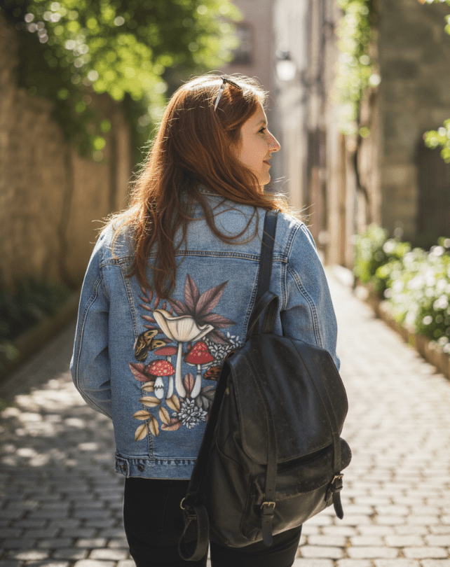 back view of a model walking down a sunlit cobblestone alley with a black backpack, wearing a stonewashed denim jacket. the printed back panel shows tall white mushrooms, red-capped toadstools, soft brown leaves, ivory blossoms, &amp; butterflies in amber &amp; cinnamon tones. the artwork “Mushroom Magic 3” by Cecilia Battaini is digitally printed on the jacket’s back panel by DenimINK.