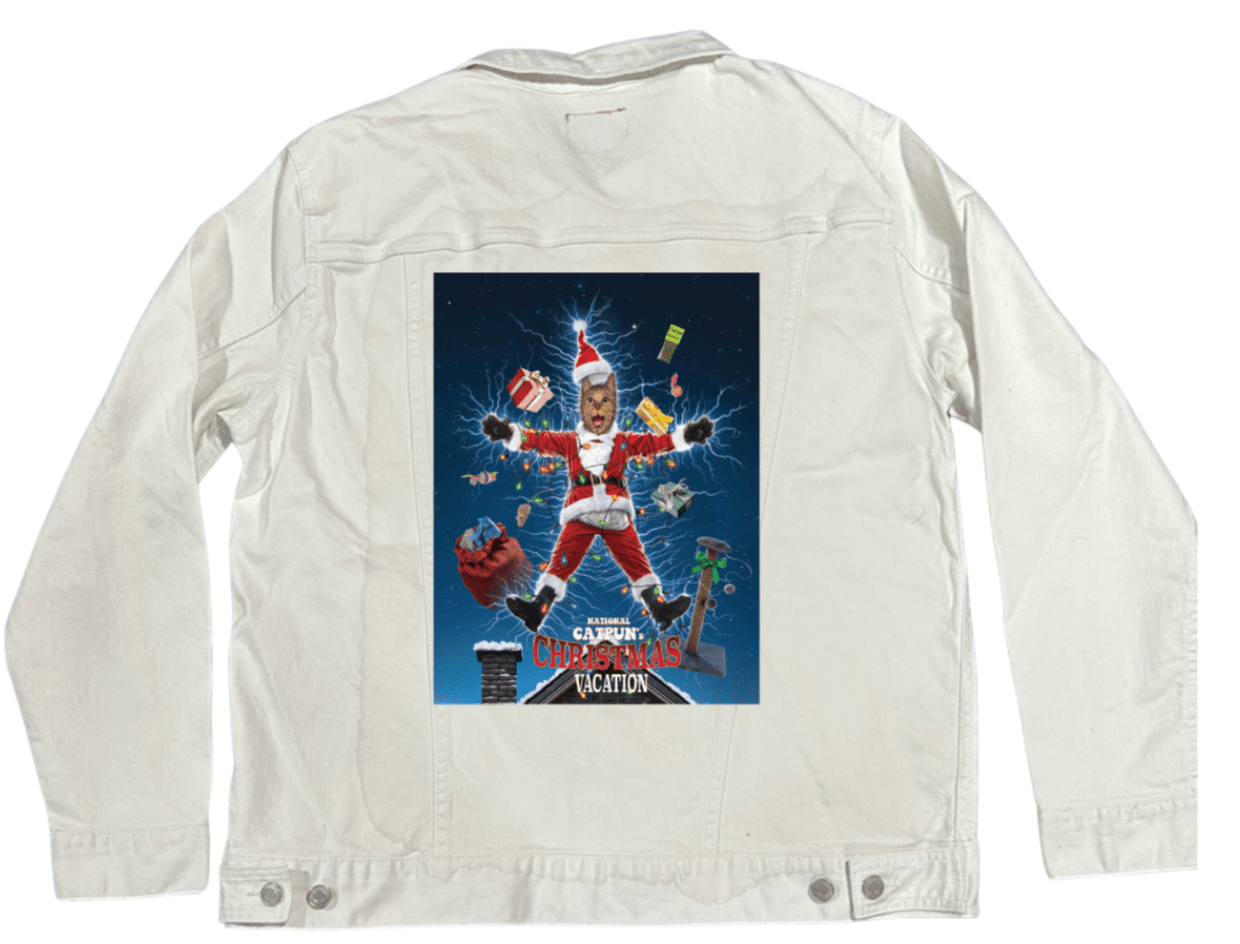 NATIONAL CATPUN'S CHRISTMAS VACATION by VINCENT HIE, printed on denim jackets and other denim products: tote bags, throw pillows, table place mats, aprons