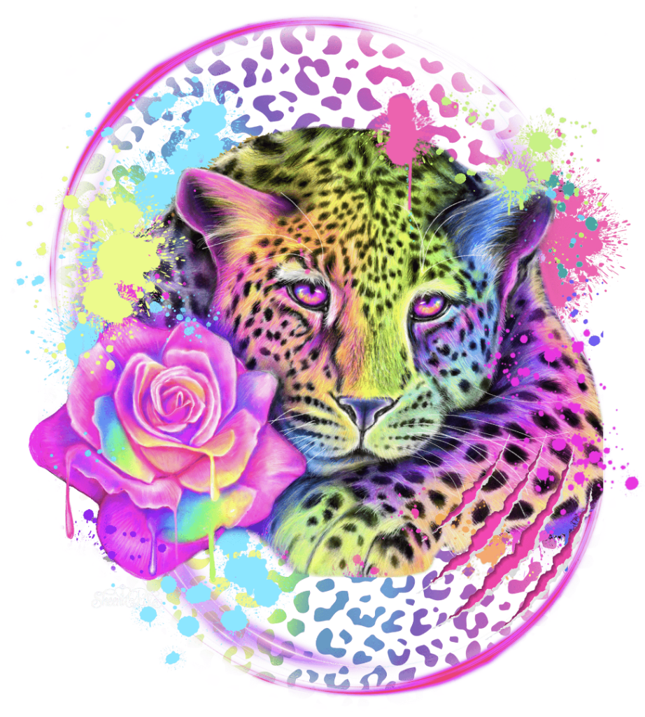 illustration of a neon-colored leopard resting with its front paws crossed, facing forward with glowing pink and violet eyes, its fur rendered in electric greens, yellows, blues, and magentas with detailed black rosettes. a luminous rainbow rose blooms at the lower left, dripping with paint, surrounded by splashes of neon pink, yellow, aqua, and purple, claw-mark streaks, and a glowing circular halo frame. this artwork is titled “Neon Rainbow Leopard” and created by Sheena Pike