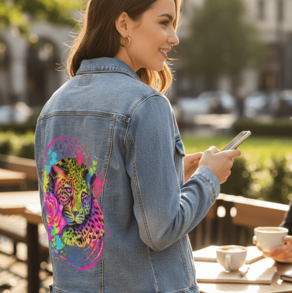 NEON RAINBOW LEOPARD2 by SHEENA PIKE, printed on denim jackets and other denim products: tote bags, throw pillows, table place mats, aprons