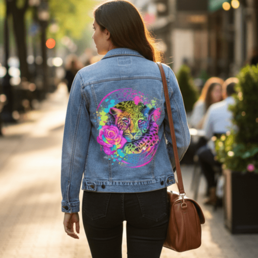 NEON RAINBOW LEOPARD2 by SHEENA PIKE, printed on denim jackets and other denim products: tote bags, throw pillows, table place mats, aprons