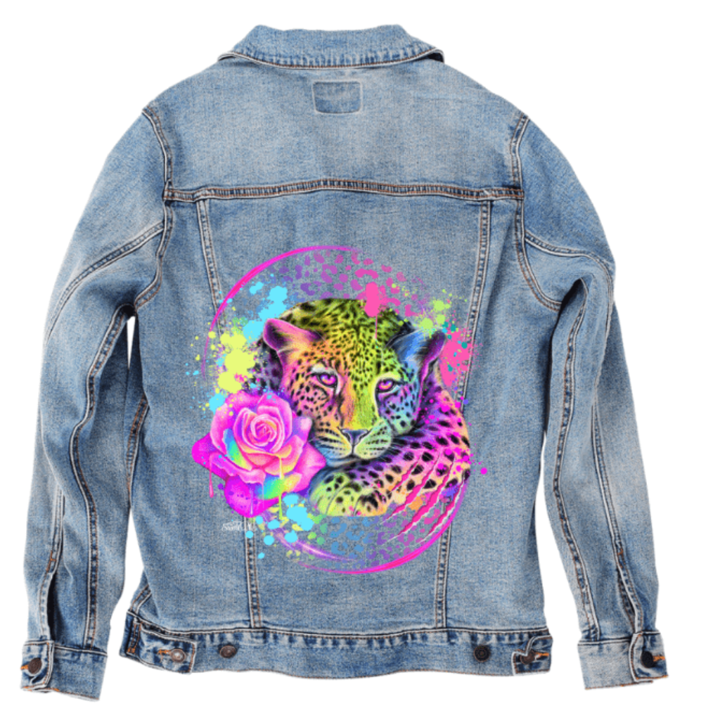NEON RAINBOW LEOPARD2 by SHEENA PIKE, printed on denim jackets and other denim products: tote bags, throw pillows, table place mats, aprons