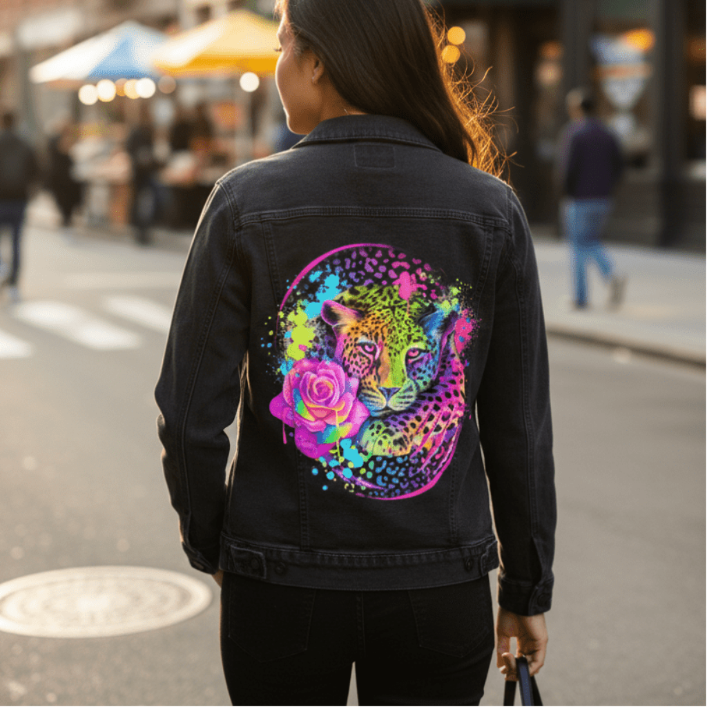NEON RAINBOW LEOPARD2 by SHEENA PIKE, printed on denim jackets and other denim products: tote bags, throw pillows, table place mats, aprons