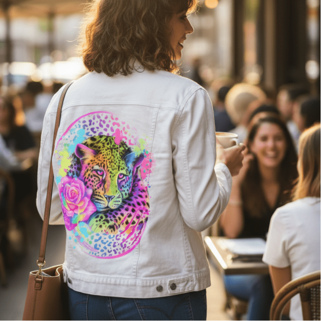 NEON RAINBOW LEOPARD2 by SHEENA PIKE, printed on denim jackets and other denim products: tote bags, throw pillows, table place mats, aprons