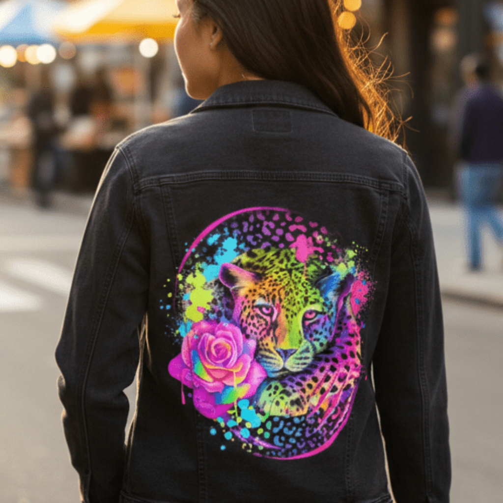 NEON RAINBOW LEOPARD2 by SHEENA PIKE, printed on denim jackets and other denim products: tote bags, throw pillows, table place mats, aprons