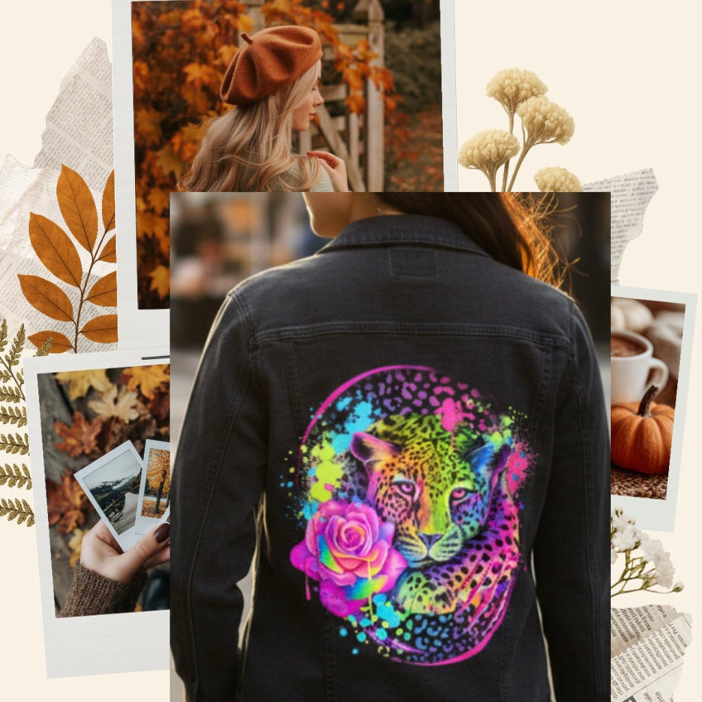 NEON RAINBOW LEOPARD2 by SHEENA PIKE, printed on denim jackets and other denim products: tote bags, throw pillows, table place mats, aprons