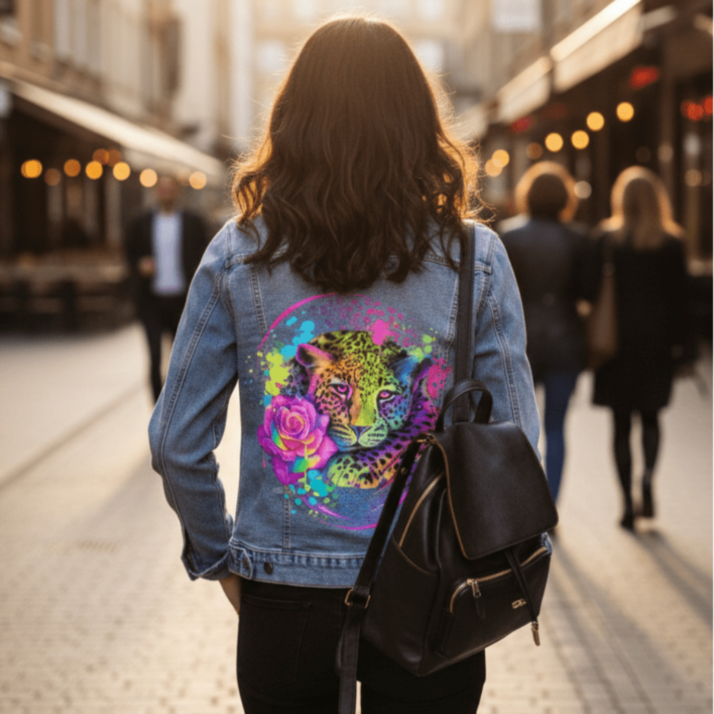 NEON RAINBOW LEOPARD2 by SHEENA PIKE, printed on denim jackets and other denim products: tote bags, throw pillows, table place mats, aprons