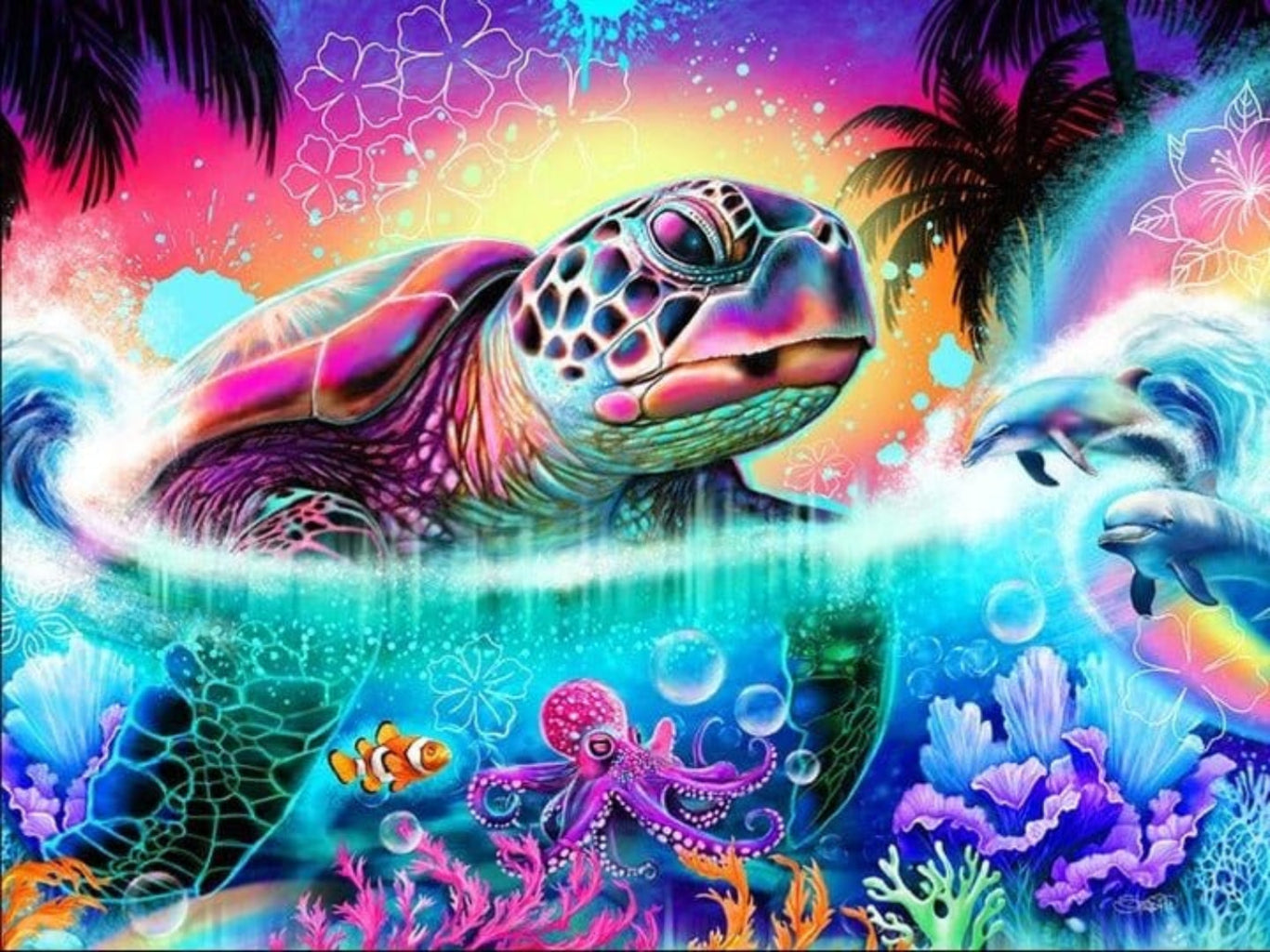 illustration of a large sea turtle swimming near the ocean surface in a glowing neon tropical scene, its shell &amp; skin rendered in vivid turquoise, magenta, purple, &amp; teal patterns. dolphins leap at right, palm trees silhouette the horizon above, &amp; coral reefs fill the underwater foreground with octopus, clownfish, bubbles, and colorful sea plants. waves crest with luminous white foam, &amp; floral line motifs and splattered light effects decorate the sky &amp; water. Artwork is titled “Neon Vibes” by Sheena Pike