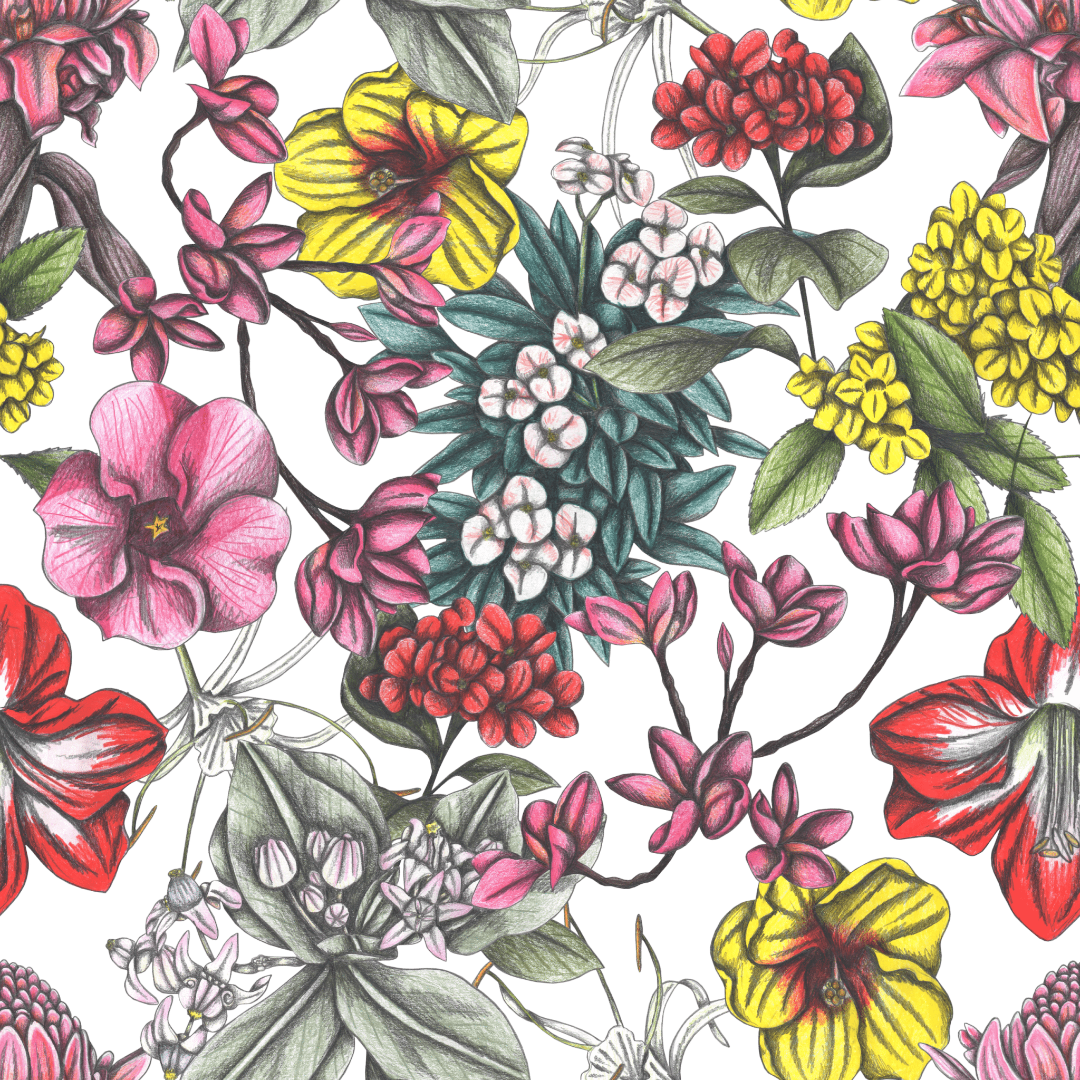 illustration of a lush, densely layered floral pattern featuring hand-drawn tropical flowers in vivid shades of red, yellow, fuchsia, lavender, ivory, & deep teal. twisting stems and textured foliage weave through blossoms that range from delicate to bold, evoking the intensity of a moonlit garden at peak bloom. the palette is rich but softened by pencil-shaded textures, creating a dreamy nighttime effect. this artwork is titled “Night in India” and created by Cecilia Battaini, printed by DenimINK