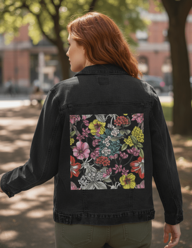 three-quarter rear view of a model walking along a sun-dappled park path, wearing a black denim jacket with a vibrant floral illustration printed on the back panel. the artwork features clustered tropical flowers in pink, crimson, yellow, ivory, &amp; slate green against deep pencil-shaded textures. the artwork “Night in India” by Cecilia Battaini is digitally printed on the jacket’s back panel by DenimINK.