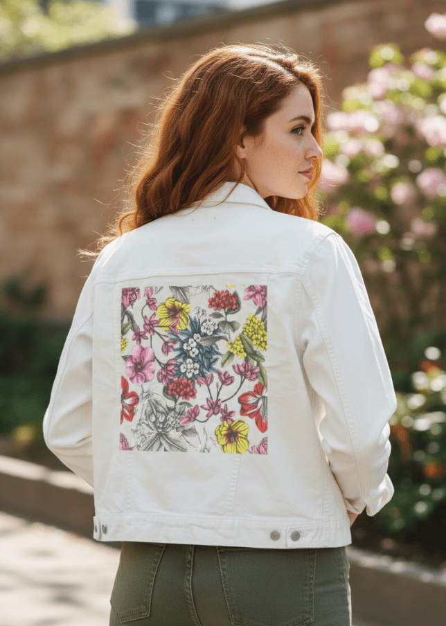 three-quarter rear view of a model walking along a flower-lined garden path in a white denim jacket with a digitally printed artwork of densely layered tropical blooms—orchids, hibiscus, jasmine, &amp; wildflowers—in soft crimson, pink, gold, mint &amp; grey pencil textures. the artwork “Night in India” by Cecilia Battaini is digitally printed on the jacket’s back panel by DenimINK.
