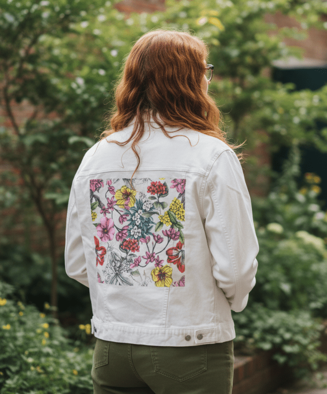 back view of a model standing in a leafy garden wearing a white denim jacket featuring a digitally printed floral illustration with layered hand-drawn tropical blooms in yellow, pink, coral, red &amp; teal. pencil shading softens the palette for a vintage botanical look. the artwork “Night in India” by Cecilia Battaini is digitally printed on the jacket’s back panel by DenimINK.