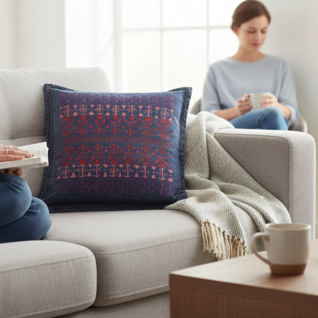 Two people sitting with a decorative denim pillow, a mug on a table, and a plant in the background. with a vertically aligned Scandinavian folk pattern "Norwegian Pattern" by CatCoq made of repeating geometric rows including tulip shapes, arrows, diamonds, snowflakes &amp; stylized trees. the hand-painted elements fade from deep violet at the top to coral &amp; rust red toward the center, then shift to pink &amp; purple again. printed by DenimINK
