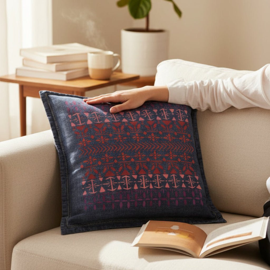 Person holding a patterned denim pillow on a couch with a plant and books in the background with a vertically aligned Scandinavian folk pattern "Norwegian Pattern" by CatCoq made of repeating geometric rows including tulip shapes, arrows, diamonds, snowflakes &amp; stylized trees. the hand-painted elements fade from deep violet at the top to coral &amp; rust red toward the center, then shift to pink &amp; purple again. printed by DenimINK