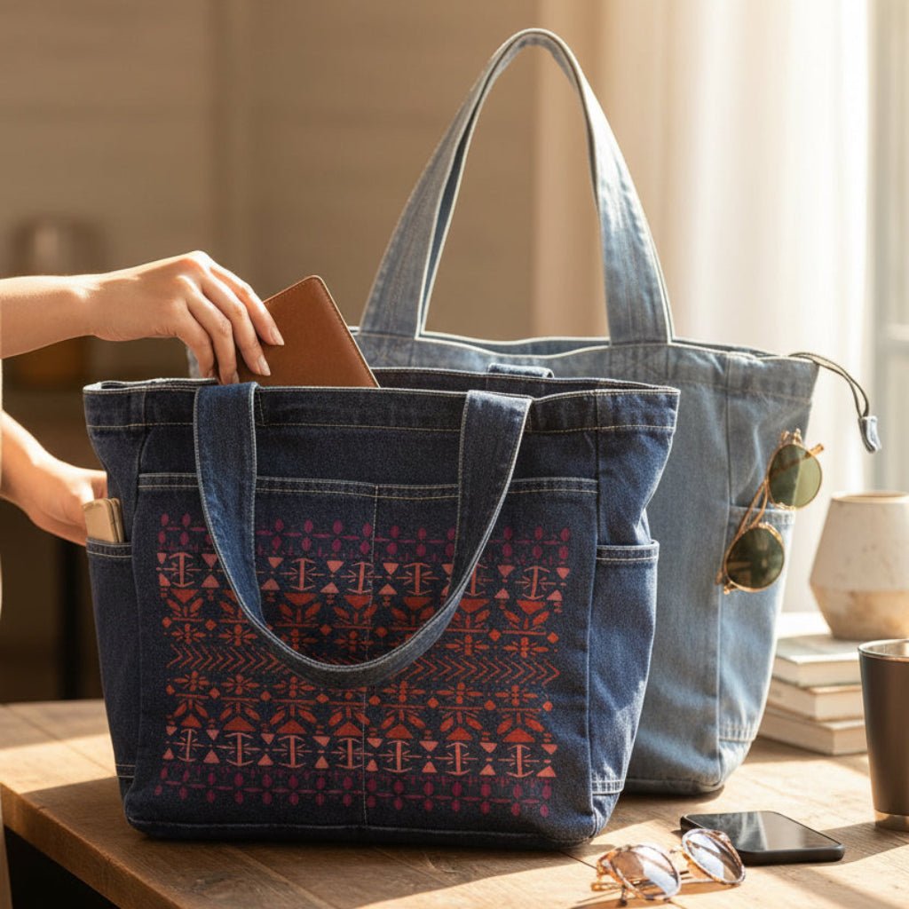 Denim tote bag on a wooden table with a vertically aligned Scandinavian folk pattern "Norwegian Pattern" by CatCoq made of repeating geometric rows including tulip shapes, arrows, diamonds, snowflakes &amp; stylized trees. the hand-painted elements fade from deep violet at the top to coral &amp; rust red toward the center, then shift to pink &amp; purple again. printed by DenimINK