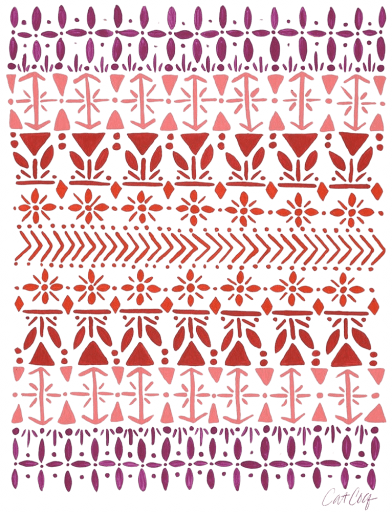illustration of a vertically aligned Scandinavian folk pattern "Norwegian Pattern" made of repeating geometric rows including tulip shapes, arrows, diamonds, snowflakes & stylized trees. the hand-painted elements fade from deep violet at the top to coral & rust red toward the center, then shift to pink & purple again. the symmetrical design appears on a clean white background. signed by artist “CatCoq” in the lower right corner.