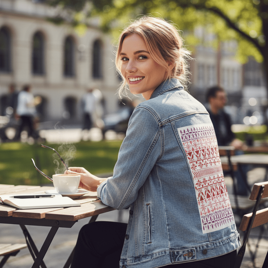 three-quarter view of a smiling model seated at an outdoor café holding sunglasses &amp; a cup of coffee. they wear a stonewashed denim jacket featuring the “Norwegian Pattern” by CatCoq. the vertical rectangular print includes rows of symmetrical Scandinavian motifs in red, coral, &amp; violet. a notebook sits on the table in front of them. the setting includes leafy trees, blurred figures &amp; soft natural light. printed by DenimINK.