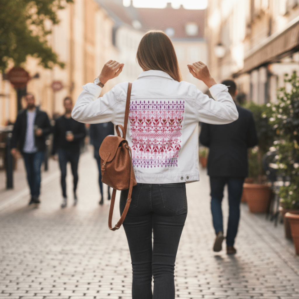 rear view of a model walking on a cobblestone pedestrian street, arms lifted playfully. the white denim jacket features the “Norwegian Pattern” by CatCoq, a vertical print of hand-painted rows of tulips, snowflakes, &amp; geometric Nordic elements in blush, coral &amp; lavender. a brown leather backpack hangs from one shoulder. printed by DenimINK.