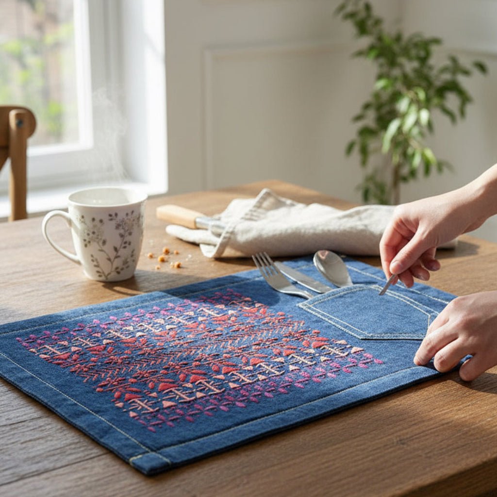 Person setting a table with a decorative blue placemat, mug, and cutlery. a vertically aligned Scandinavian folk pattern "Norwegian Pattern" by CatCoq made of repeating geometric rows including tulip shapes, arrows, diamonds, snowflakes &amp; stylized trees. the hand-painted elements fade from deep violet at the top to coral &amp; rust red toward the center, then shift to pink &amp; purple again. printed by DenimINK