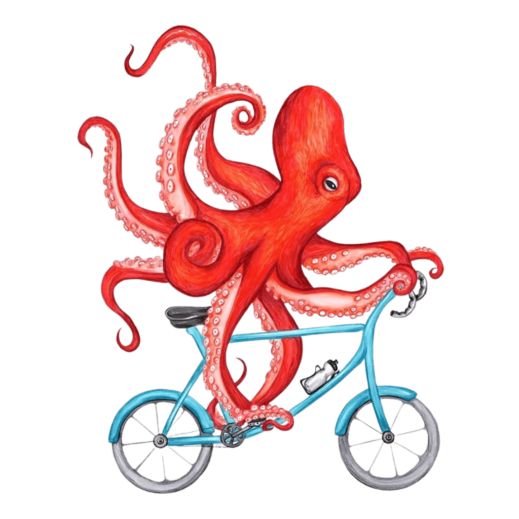 illustration of a bright red octopus riding a light blue bicycle, its long curling tentacles looping outward and around the frame and wheels. pale suction cups line the undersides of each arm, and one large eye looks forward with calm focus. the bicycle features thin gray wheels, a black seat, and a small white bottle attached to the frame, set against a clean white background. this artwork is titled “Octopus Riding a Bicycle” and created by Amelia Legault