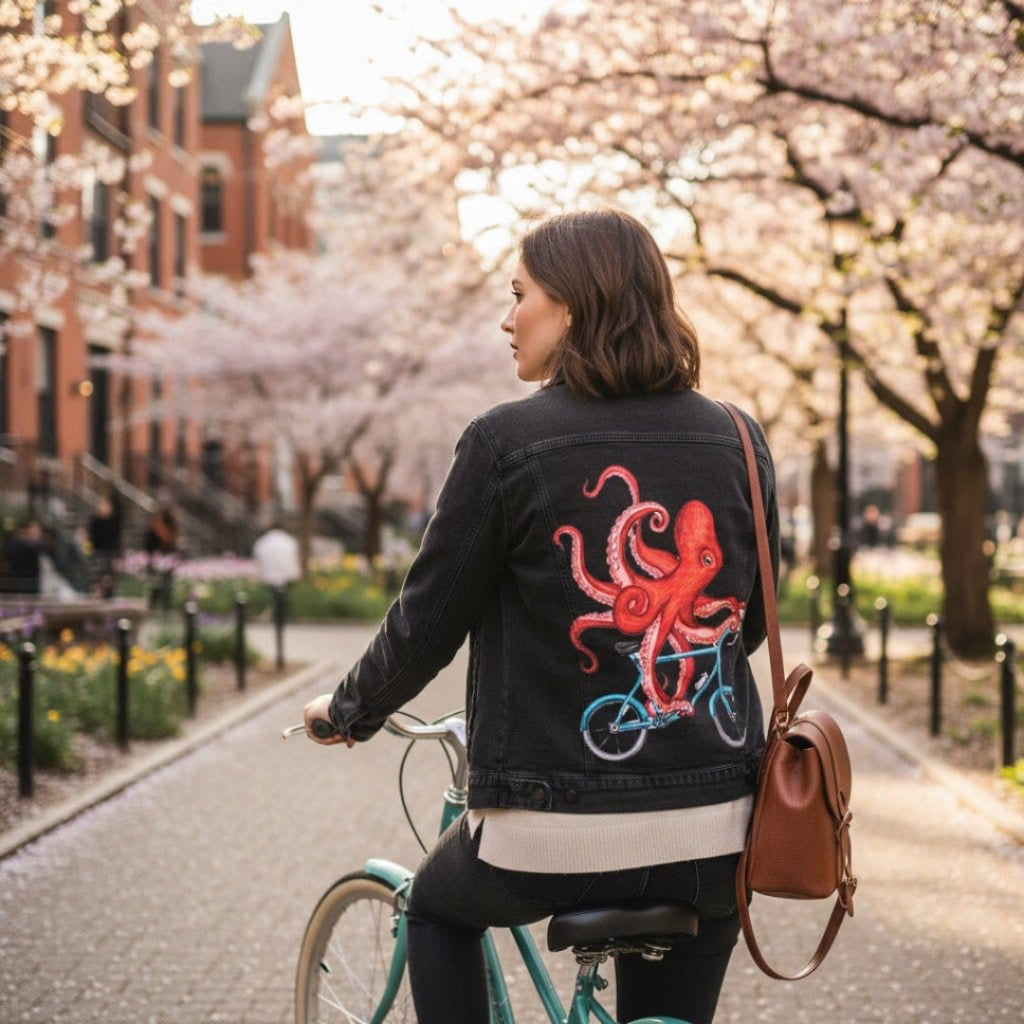 back view of a model biking along a cherry blossom–lined path wearing a black denim jacket featuring the artwork “Octopus Riding a Bicycle” by Amelia Legault, showing a red octopus riding a blue bicycle. the artwork is digitally printed on the jacket’s back panel by DenimINK