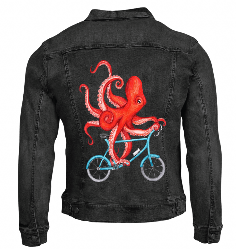 OCTOPUS RIDING A BICYCLE by Amélie Legault custom denim jacket by DenimINK
