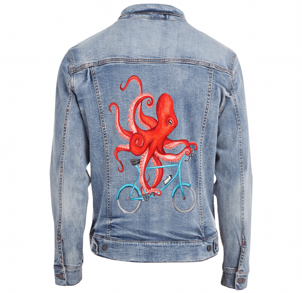 OCTOPUS RIDING A BICYCLE by Amélie Legault custom denim jacket by DenimINK