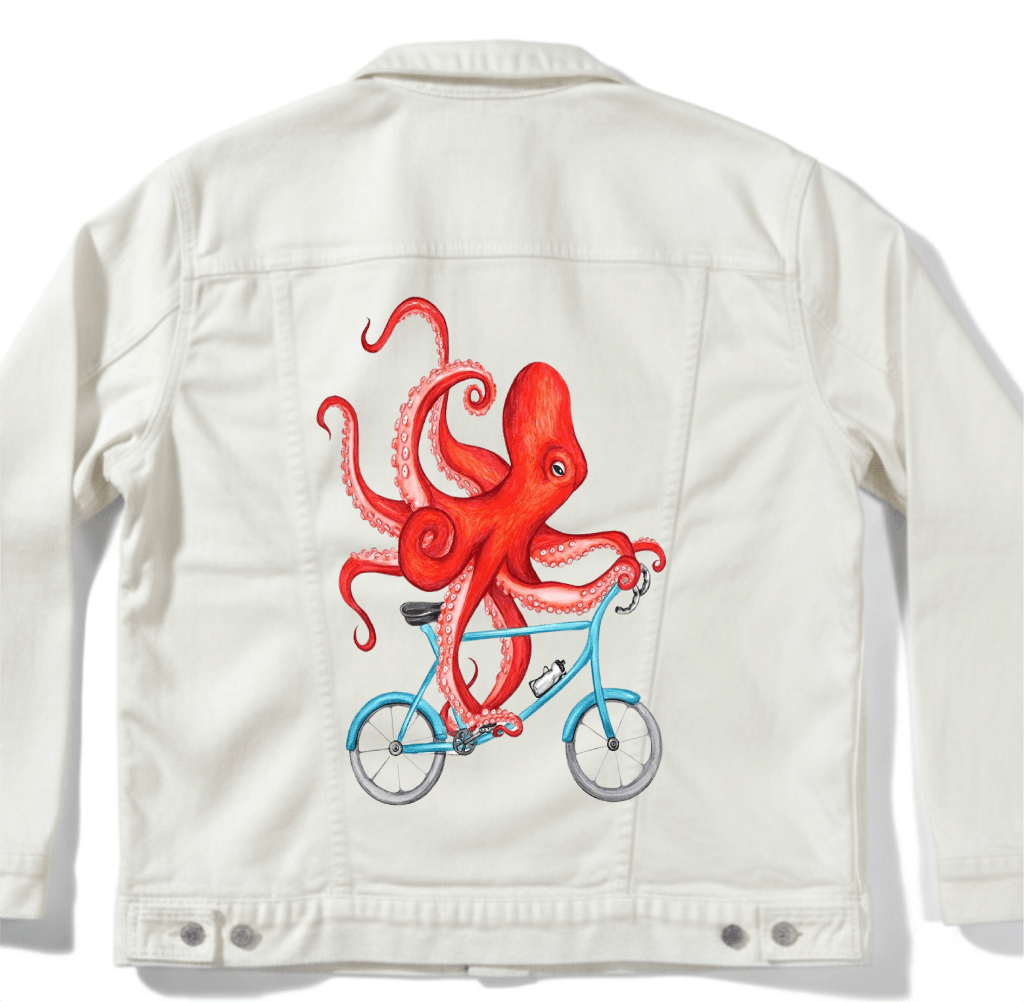 OCTOPUS RIDING A BICYCLE by Amélie Legault custom denim jacket by DenimINK