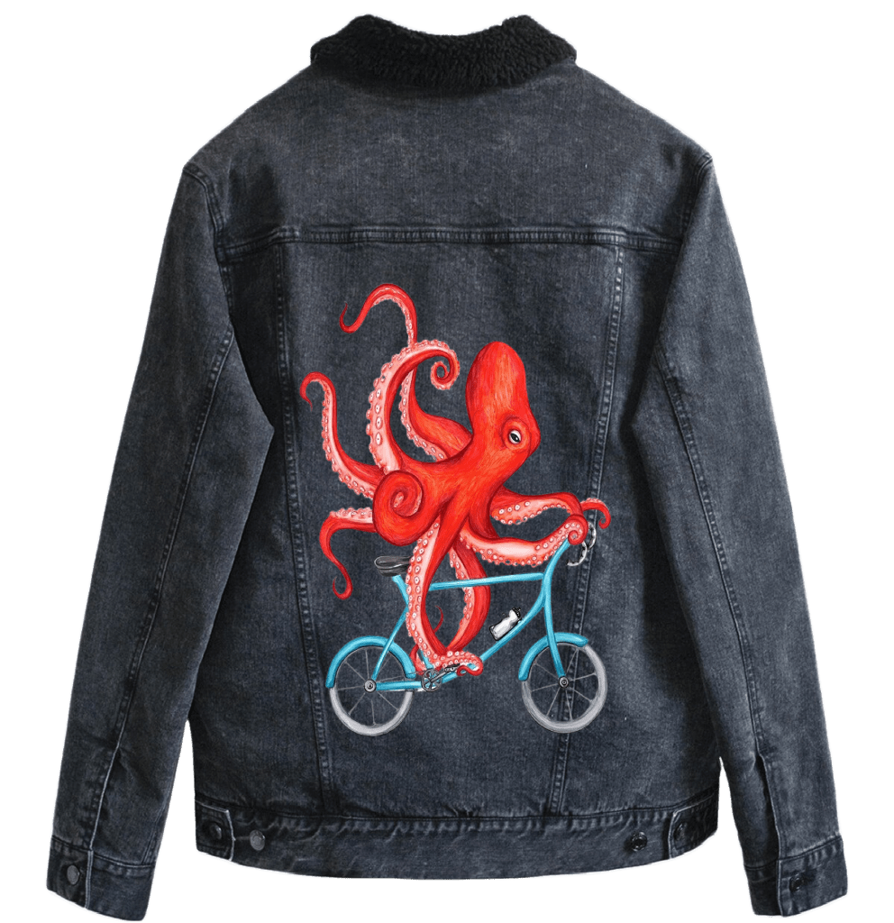 OCTOPUS RIDING A BICYCLE by Amélie Legault custom denim jacket by DenimINK