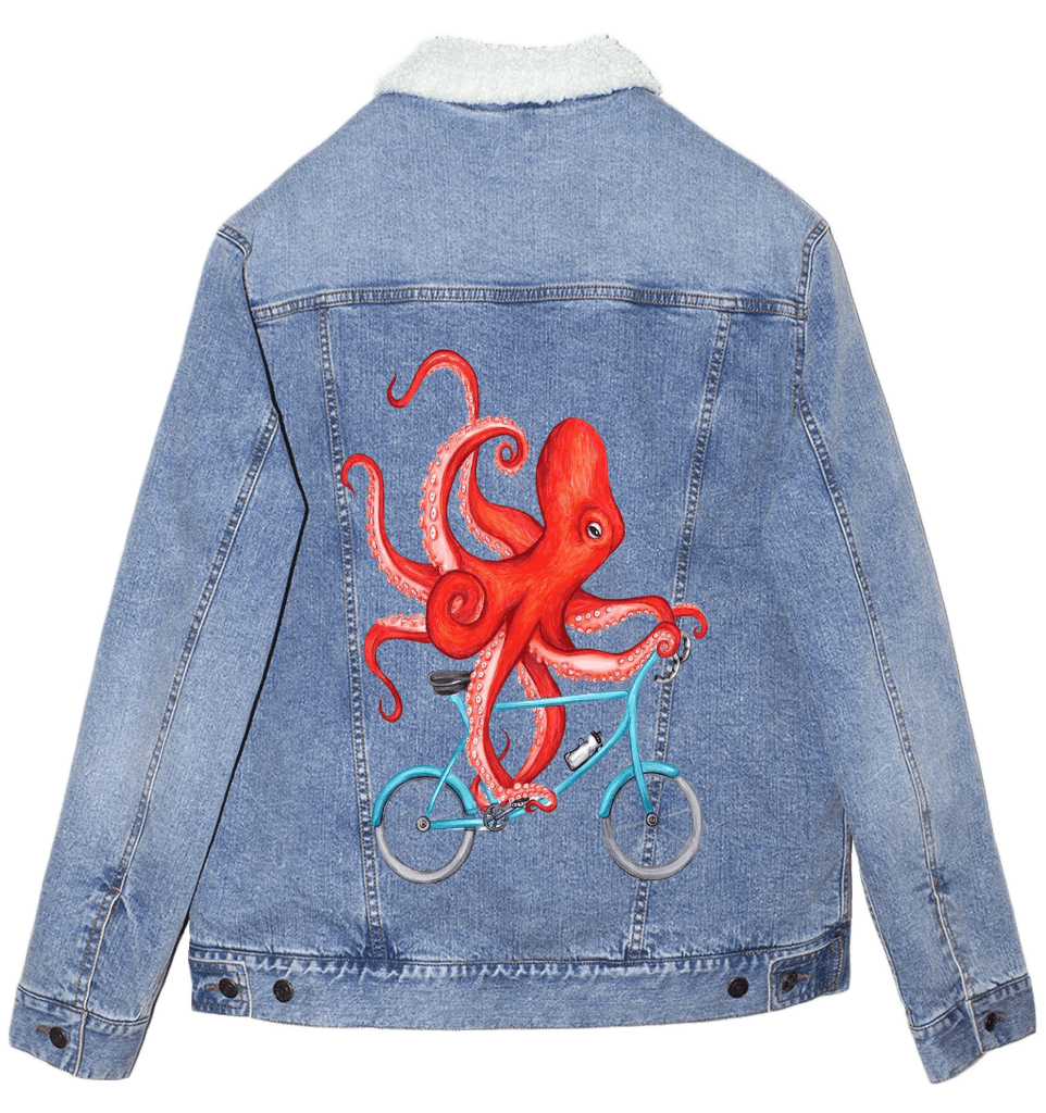 OCTOPUS RIDING A BICYCLE by Amélie Legault custom denim jacket by DenimINK