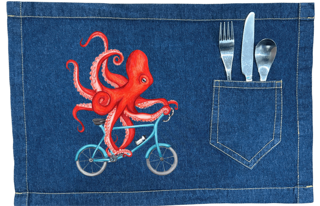OCTOPUS RIDING A BICYCLE by Amélie Legault custom denim jacket by DenimINK
