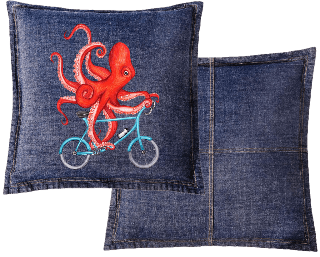 OCTOPUS RIDING A BICYCLE by Amélie Legault custom denim jacket by DenimINK