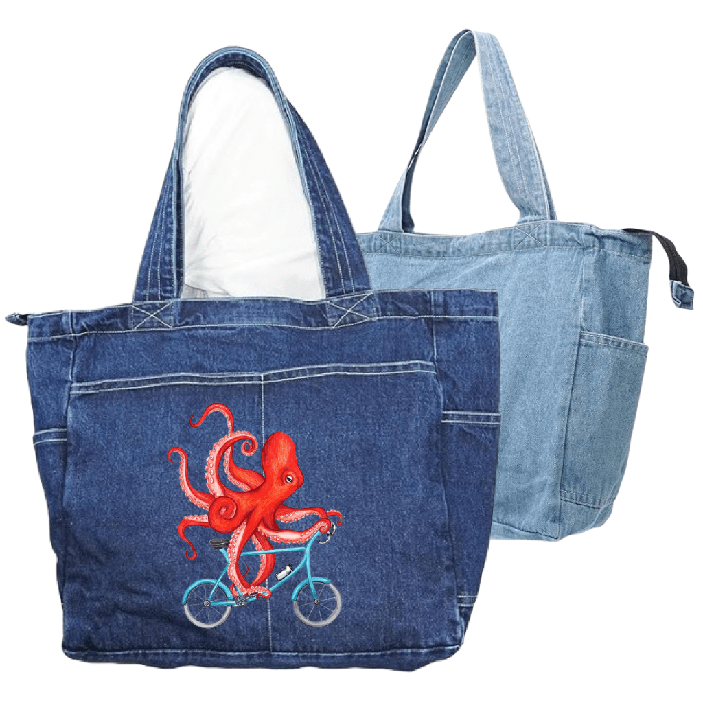 OCTOPUS RIDING A BICYCLE by Amélie Legault custom denim jacket by DenimINK