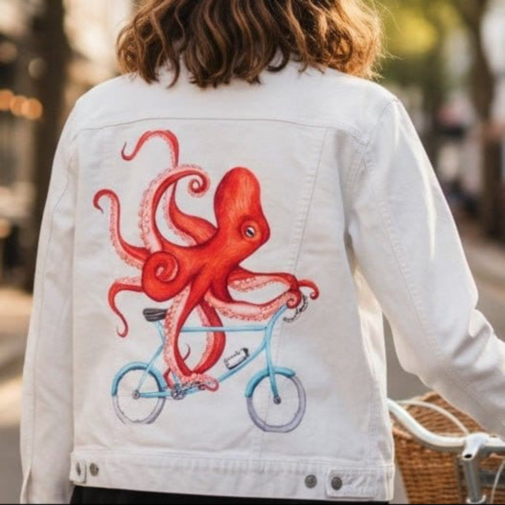 back view of a model holding a bicycle on a city street while wearing a white denim jacket featuring the artwork “Octopus Riding a Bicycle” by Amelia Legault, showing a red octopus riding a blue bicycle. the artwork is digitally printed on the jacket’s back panel by DenimINK