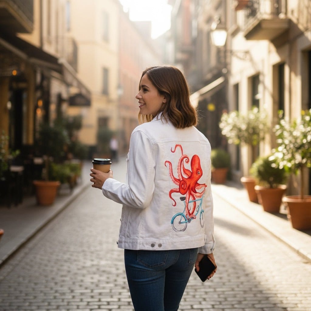 back view of a model walking down a cobblestone street wearing a white denim jacket featuring the artwork “Octopus Riding a Bicycle” by Amelia Legault, showing a red octopus riding a blue bicycle. the artwork is digitally printed on the jacket’s back panel by DenimINK