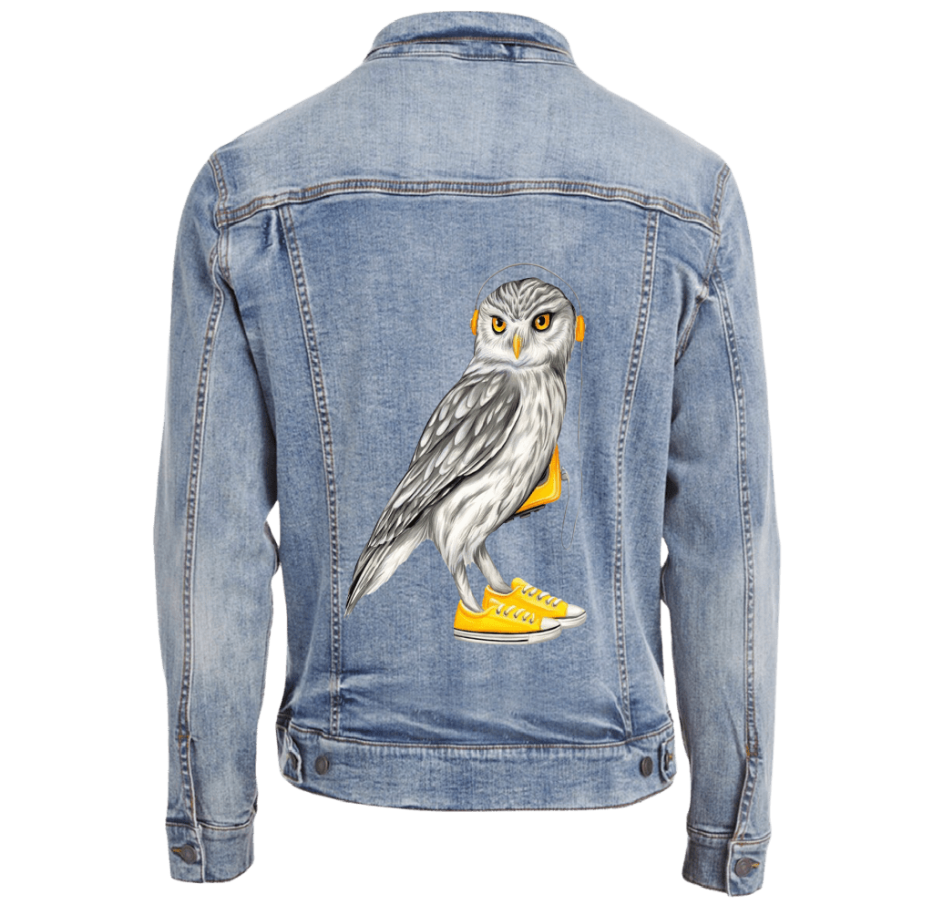 OWL WEARING CONVERSE SHOES by Amélie Legault custom denim jacket by DenimINK