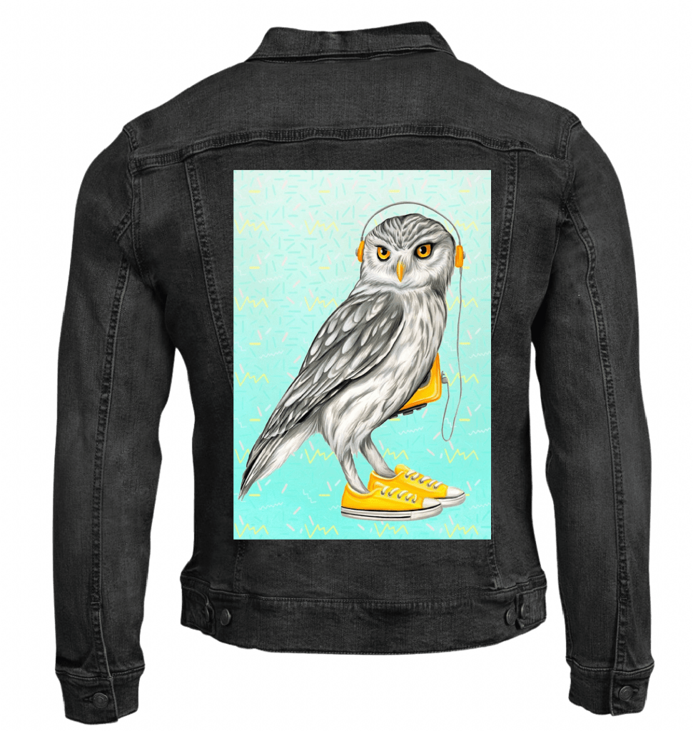 OWL WEARING CONVERSE SHOES with background by Amélie Legault custom denim jacket by DenimINK
