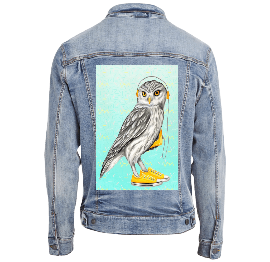OWL WEARING CONVERSE SHOES with background by Amélie Legault custom denim jacket by DenimINK