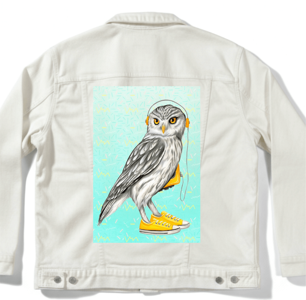 OWL WEARING CONVERSE SHOES with background by Amélie Legault custom denim jacket by DenimINK