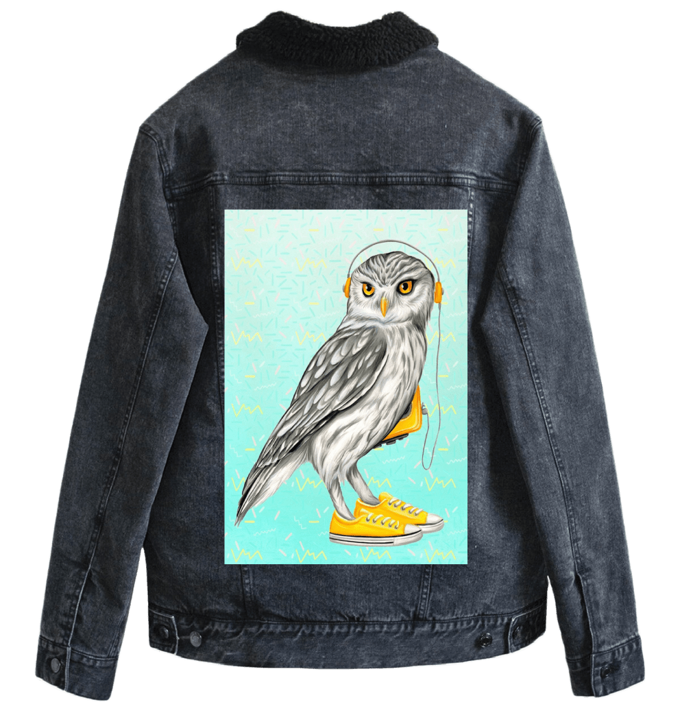 OWL WEARING CONVERSE SHOES with background by Amélie Legault custom denim jacket by DenimINK