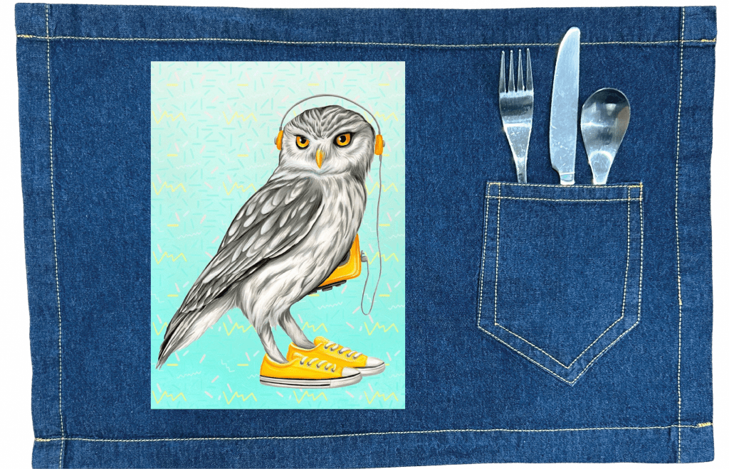 OWL WEARING CONVERSE SHOES with background by Amélie Legault custom denim jacket by DenimINK