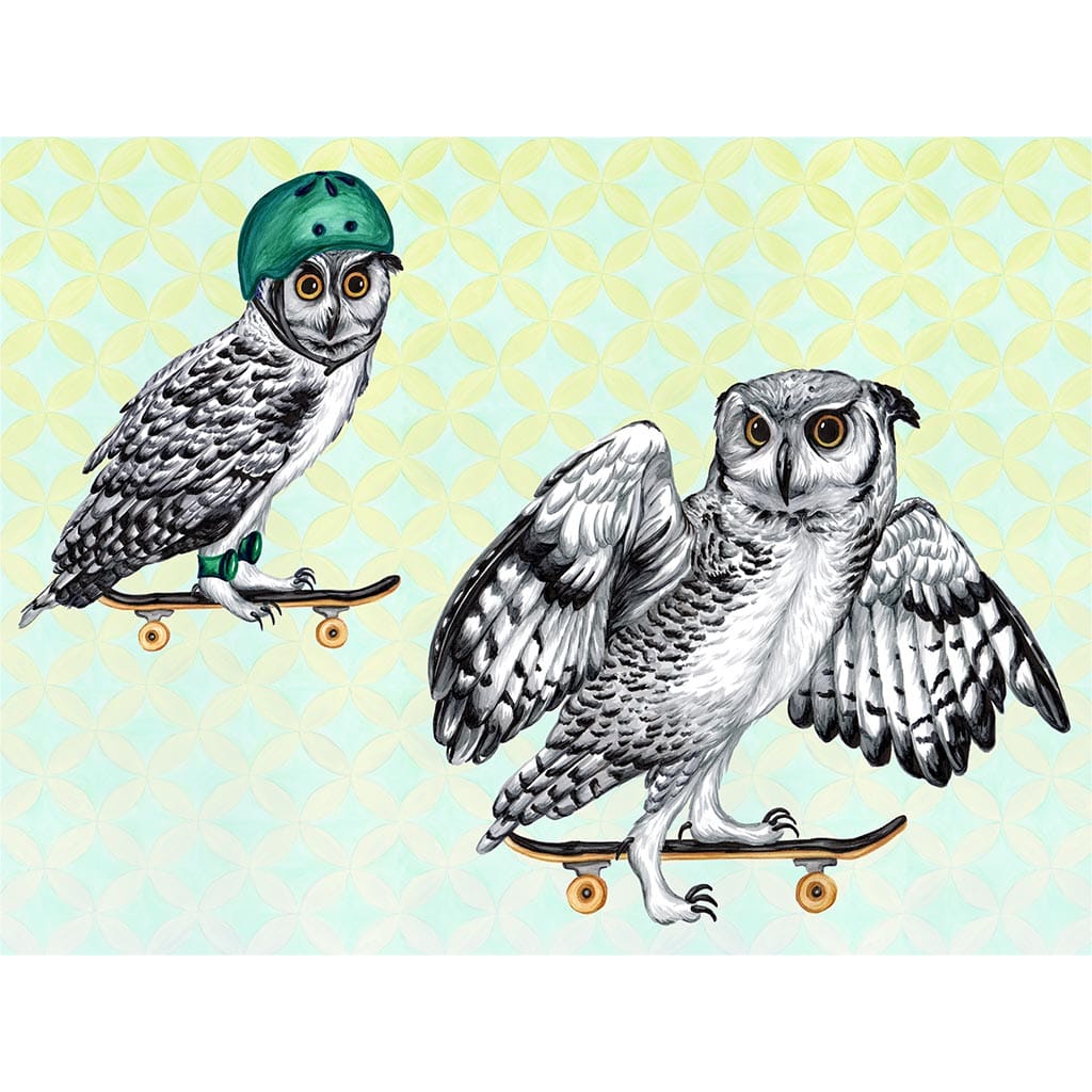 illustration featuring original artwork by Amelia Legault, "Owls on Skateboards" showcases two owls in motion—one wearing a helmet and Converse-style shoes. Printed on handcrafted denim products including jackets, tote bags, and aprons, this playful design blends whimsy with edge. Available in three denim colors and multiple sizes.
