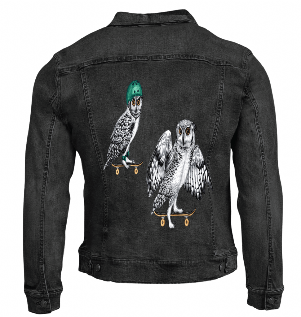 OWLS ON SKATEBOARDS by Amélie Legault custom denim jacket by DenimINK