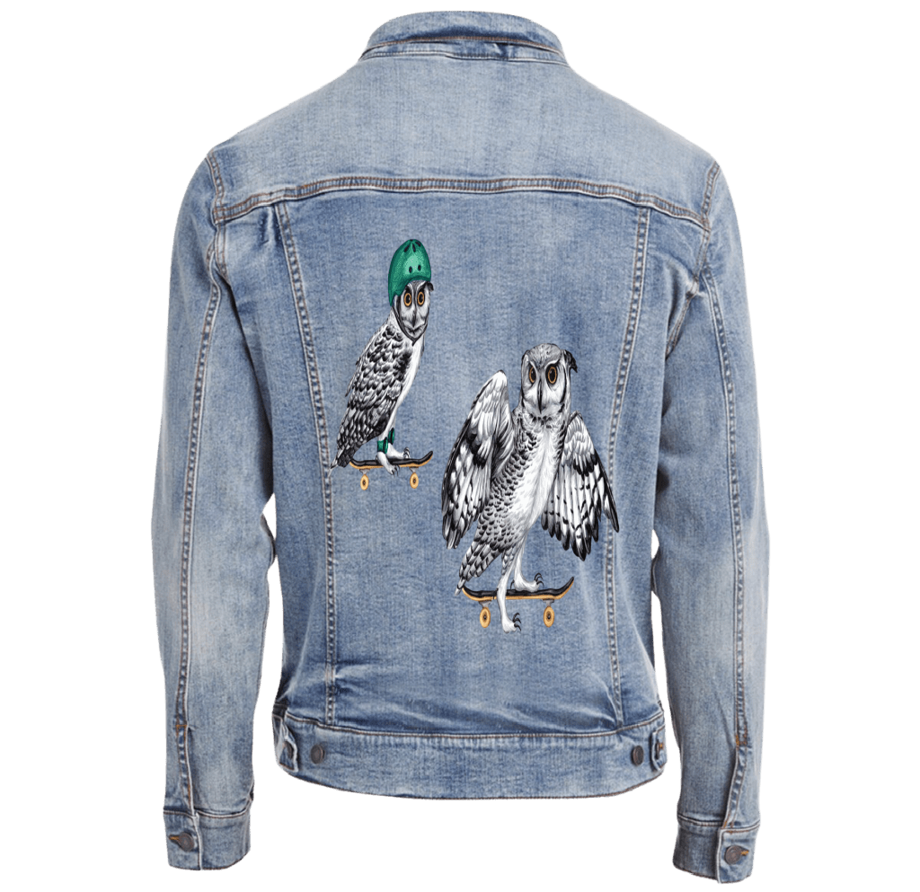 OWLS ON SKATEBOARDS by Amélie Legault custom denim jacket by DenimINK