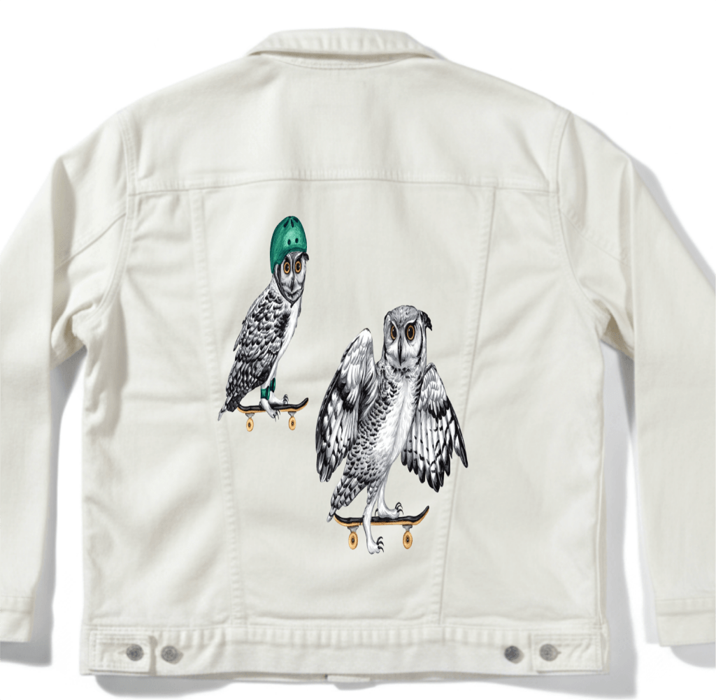 OWLS ON SKATEBOARDS by Amélie Legault custom denim jacket by DenimINK