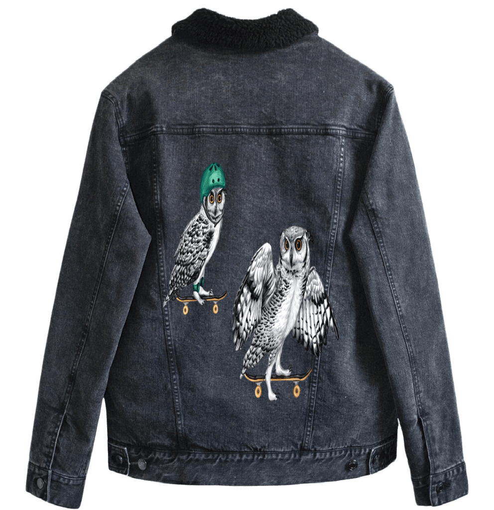 OWLS ON SKATEBOARDS by Amélie Legault custom denim jacket by DenimINK